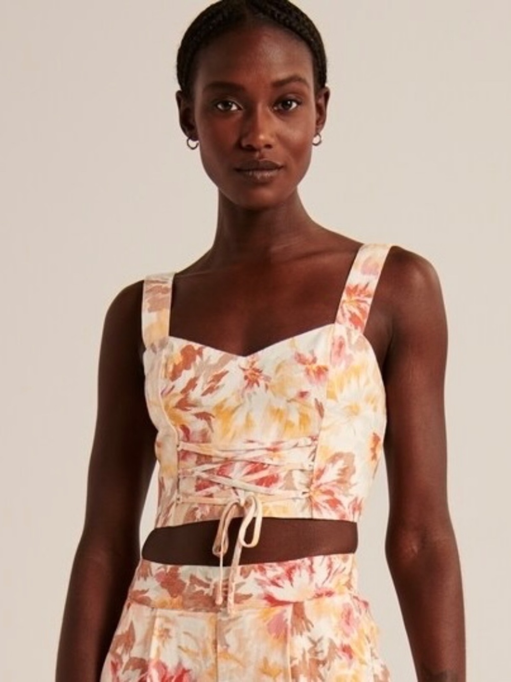 NWOT Abercrombie & Fitch Linen-blend Crop Top Sunset Floral Corset Tie Size L